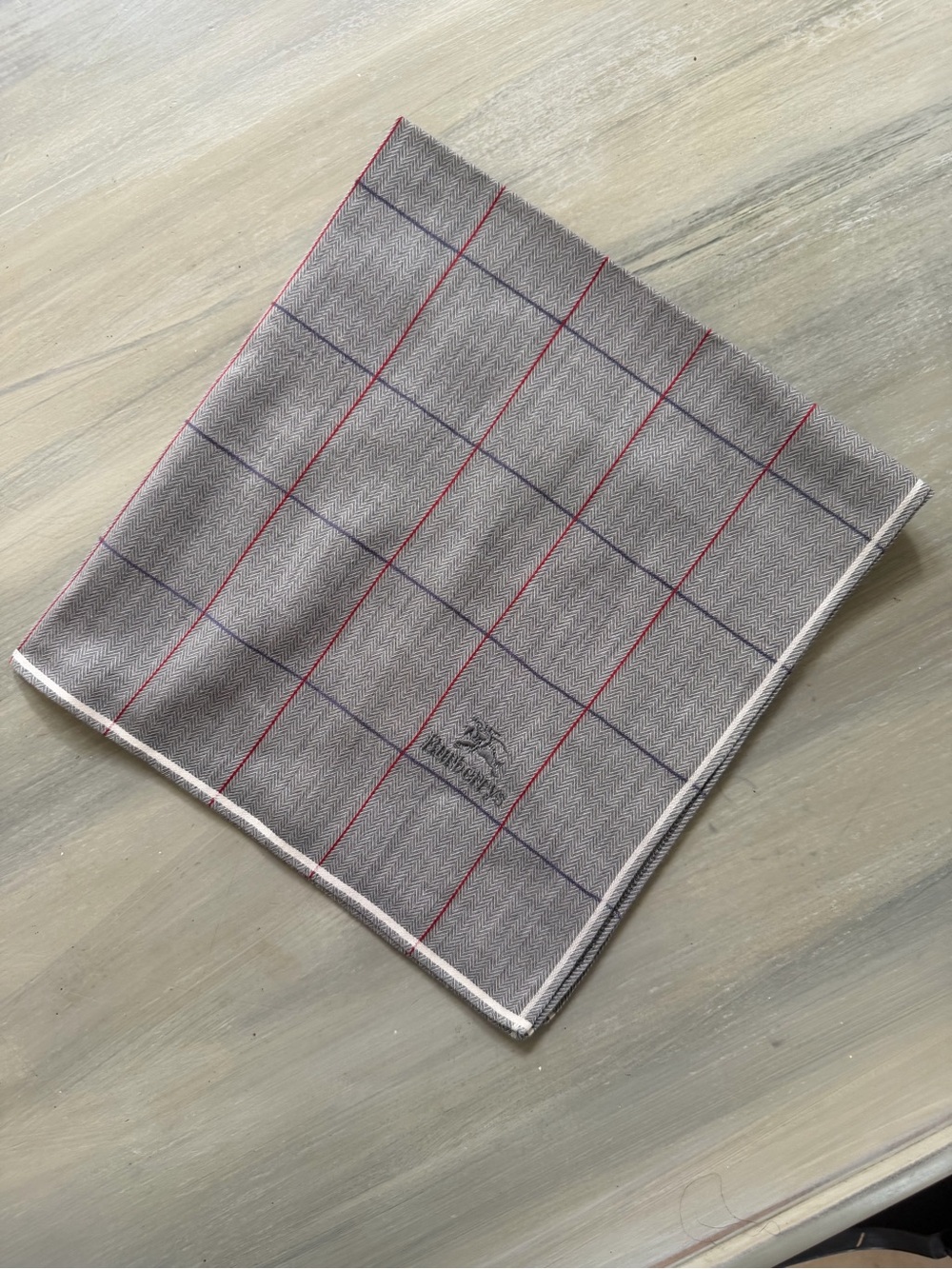 Burberry’s Grey Windowpane Herringbone Pocket Square with Red Purple & Blue Line - Picture 9 of 13